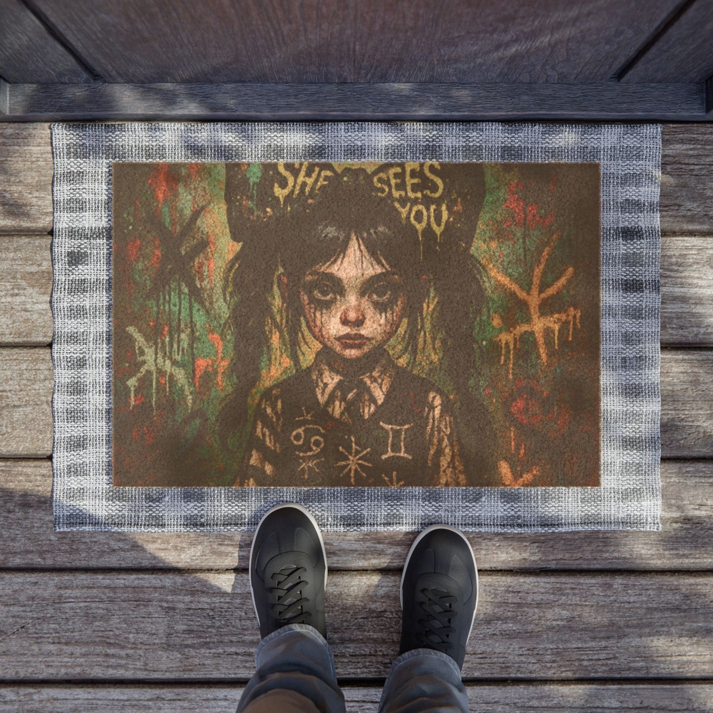 Gothic Art Doormat - "She Sees You" Design for Unique Home Decor
