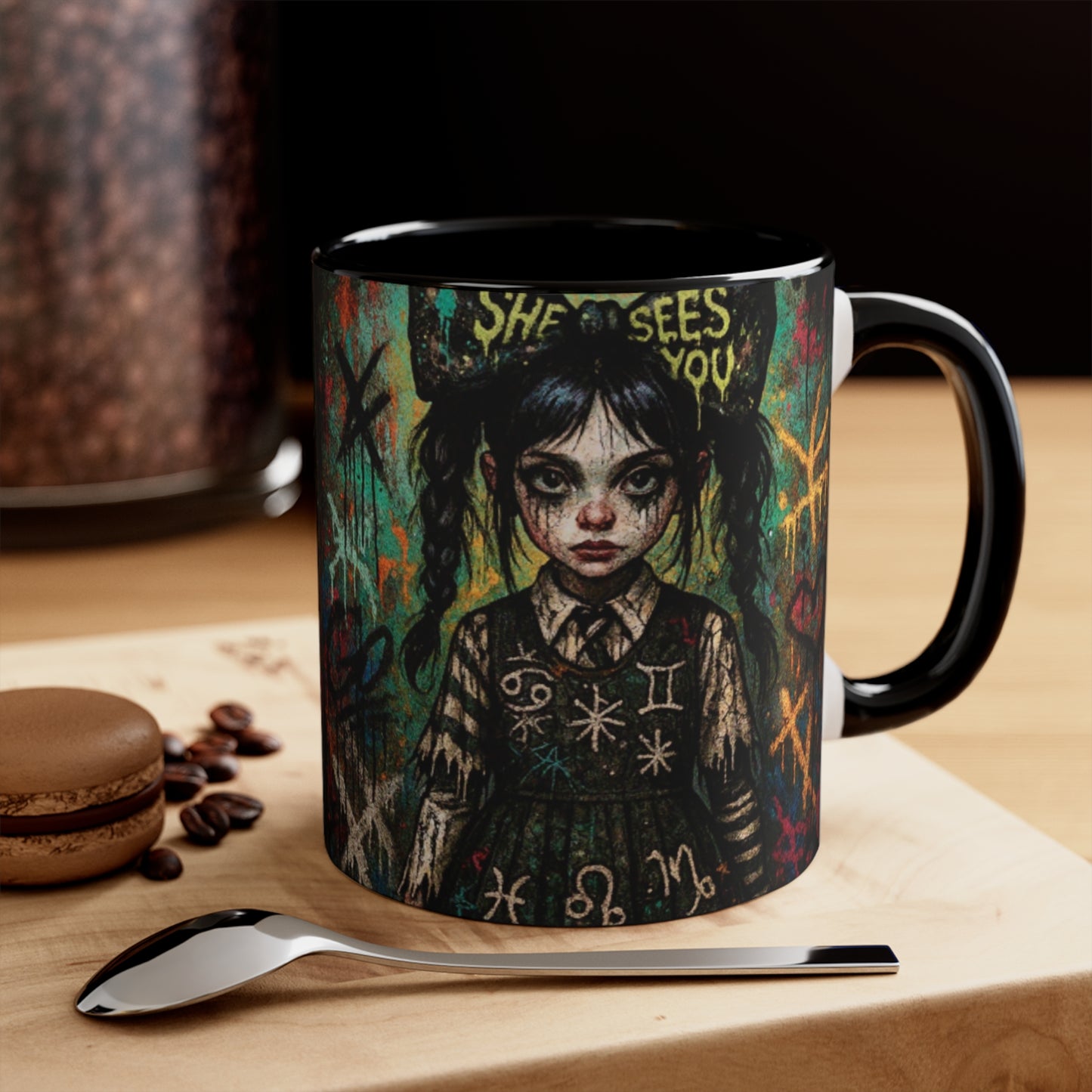 Mysterious Art Accent Mug - 'She Sees You' Design