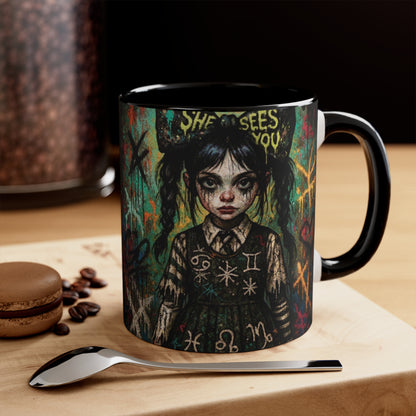 Mysterious Art Accent Mug - 'She Sees You' Design