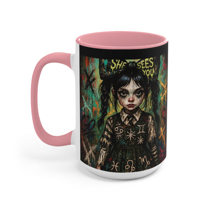 Mysterious Art Accent Mug - 'She Sees You' Design