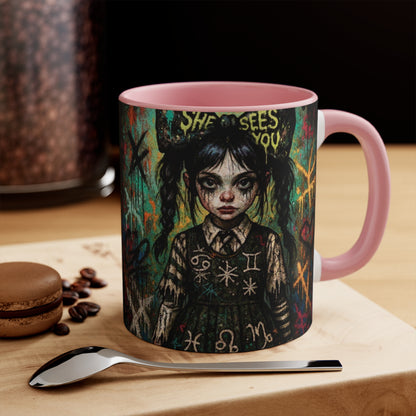 Mysterious Art Accent Mug - 'She Sees You' Design