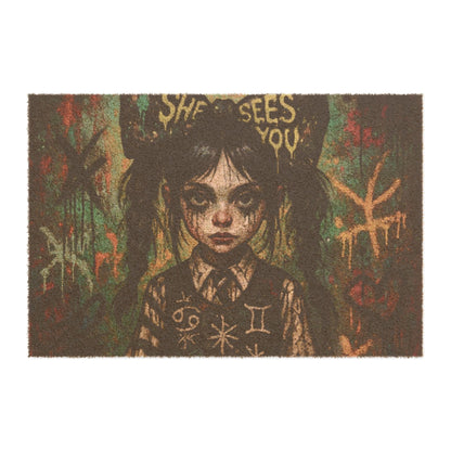 Gothic Art Doormat - "She Sees You" Design for Unique Home Decor
