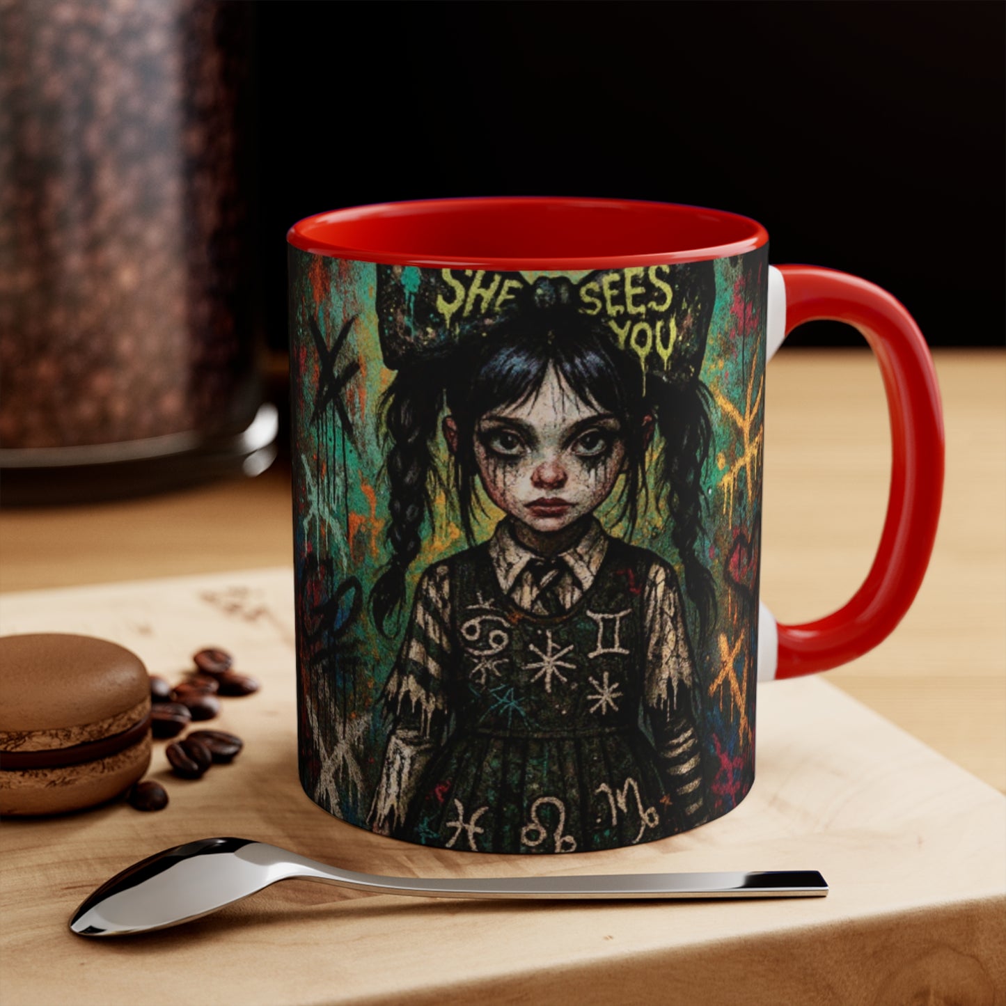 Mysterious Art Accent Mug - 'She Sees You' Design