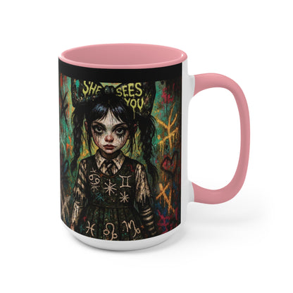 Mysterious Art Accent Mug - 'She Sees You' Design