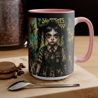 Mysterious Art Accent Mug - 'She Sees You' Design