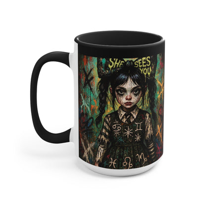 Mysterious Art Accent Mug - 'She Sees You' Design