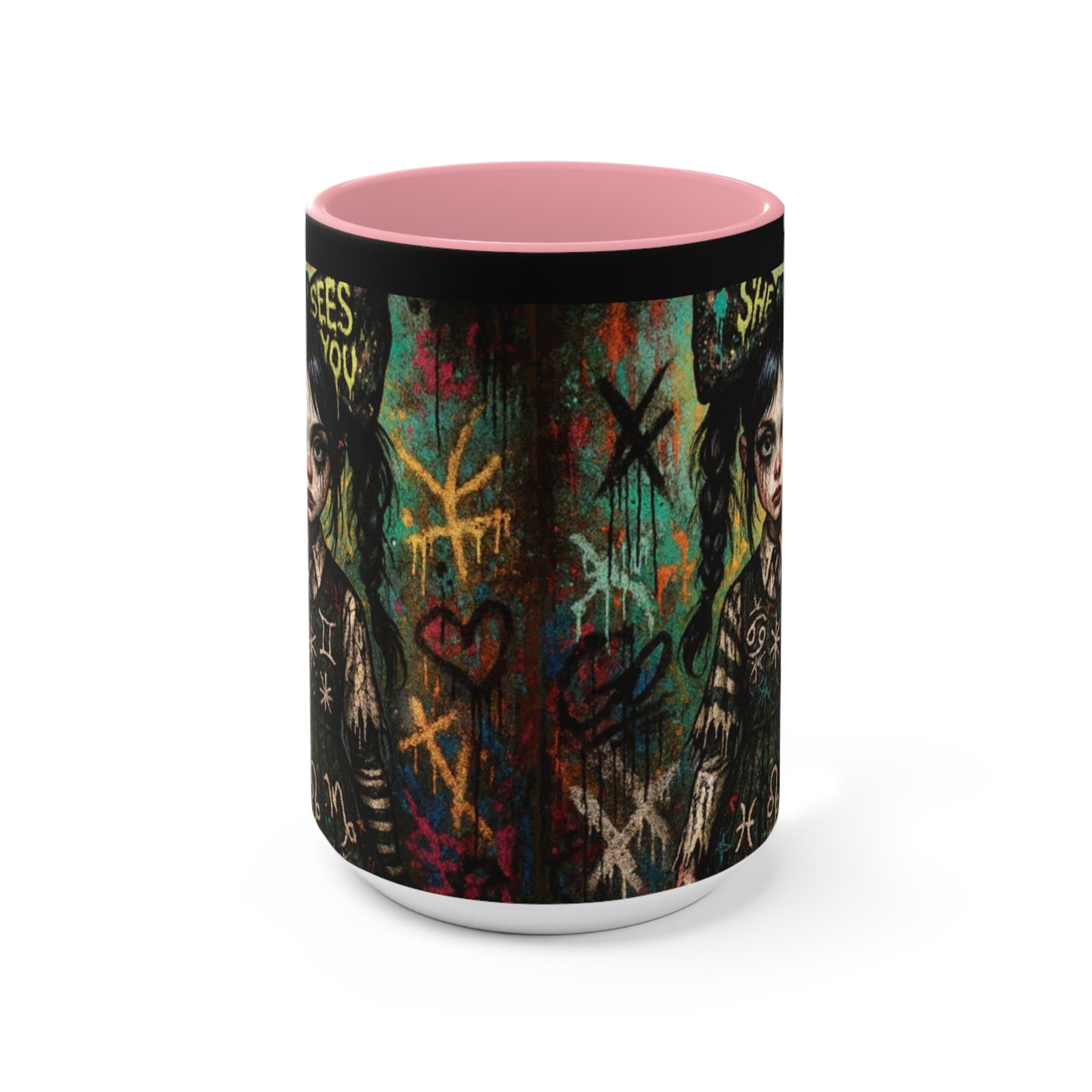 Mysterious Art Accent Mug - 'She Sees You' Design