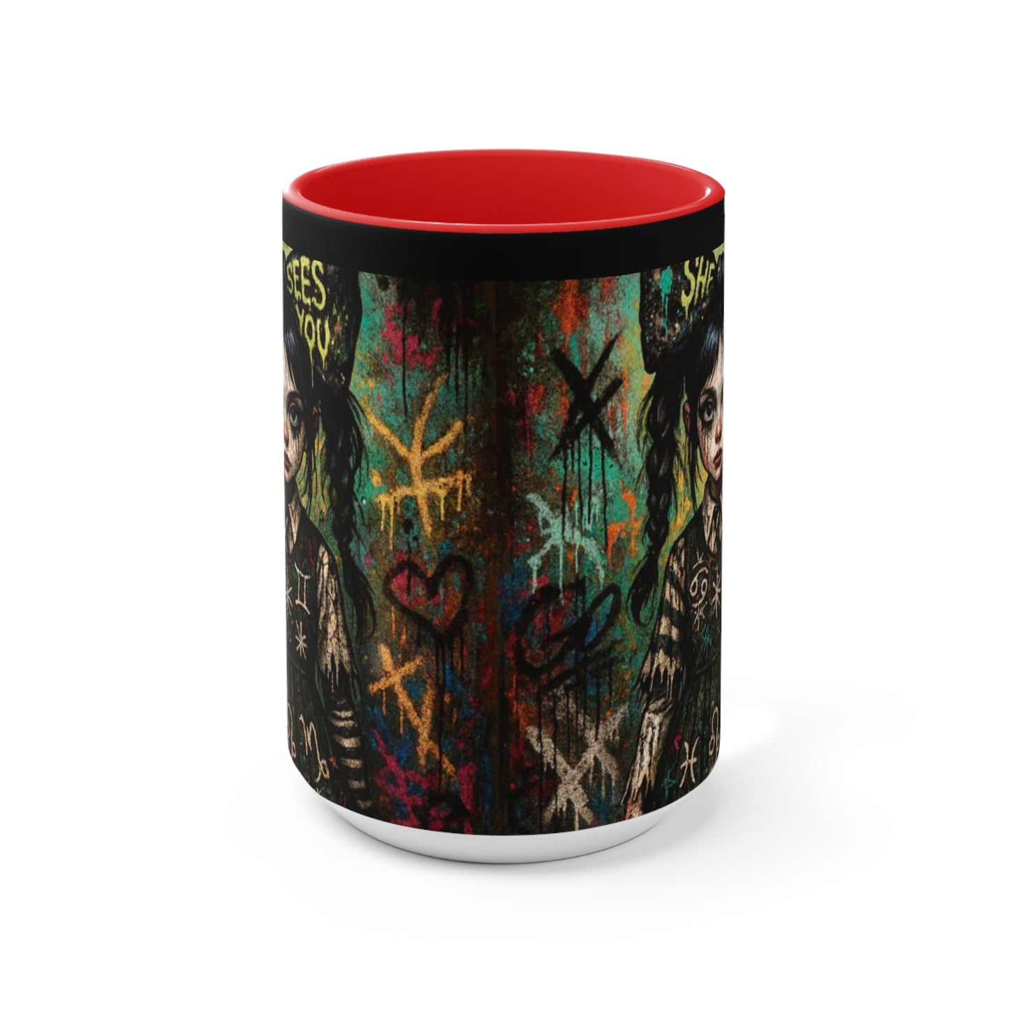 Mysterious Art Accent Mug - 'She Sees You' Design