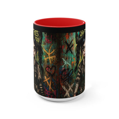 Mysterious Art Accent Mug - 'She Sees You' Design