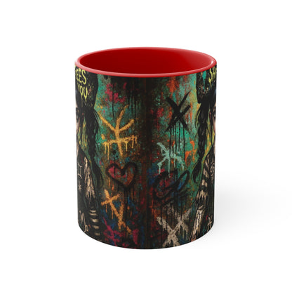 Mysterious Art Accent Mug - 'She Sees You' Design