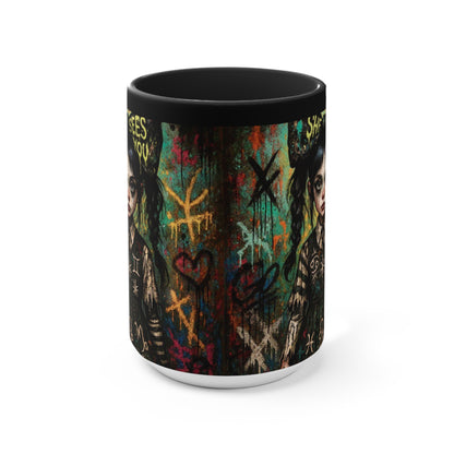 Mysterious Art Accent Mug - 'She Sees You' Design