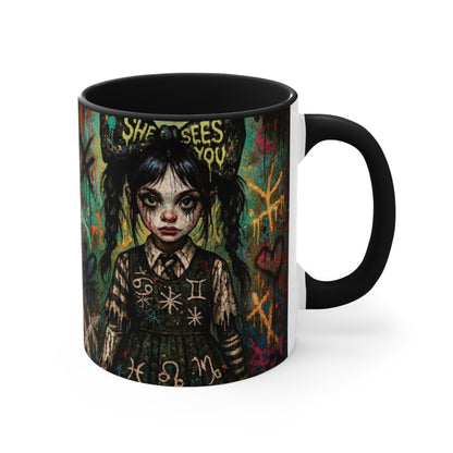 Mysterious Art Accent Mug - 'She Sees You' Design