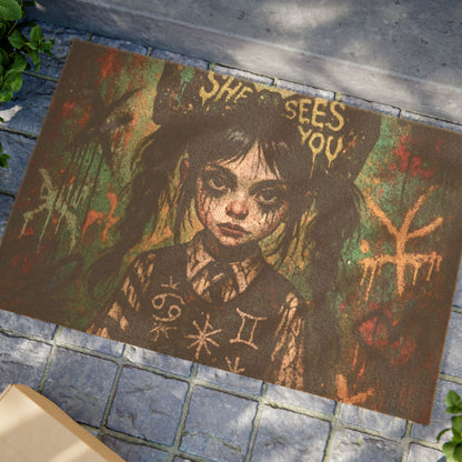 Gothic Art Doormat - "She Sees You" Design for Unique Home Decor