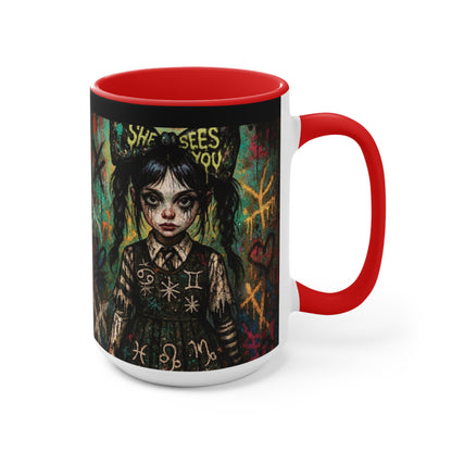 Mysterious Art Accent Mug - 'She Sees You' Design