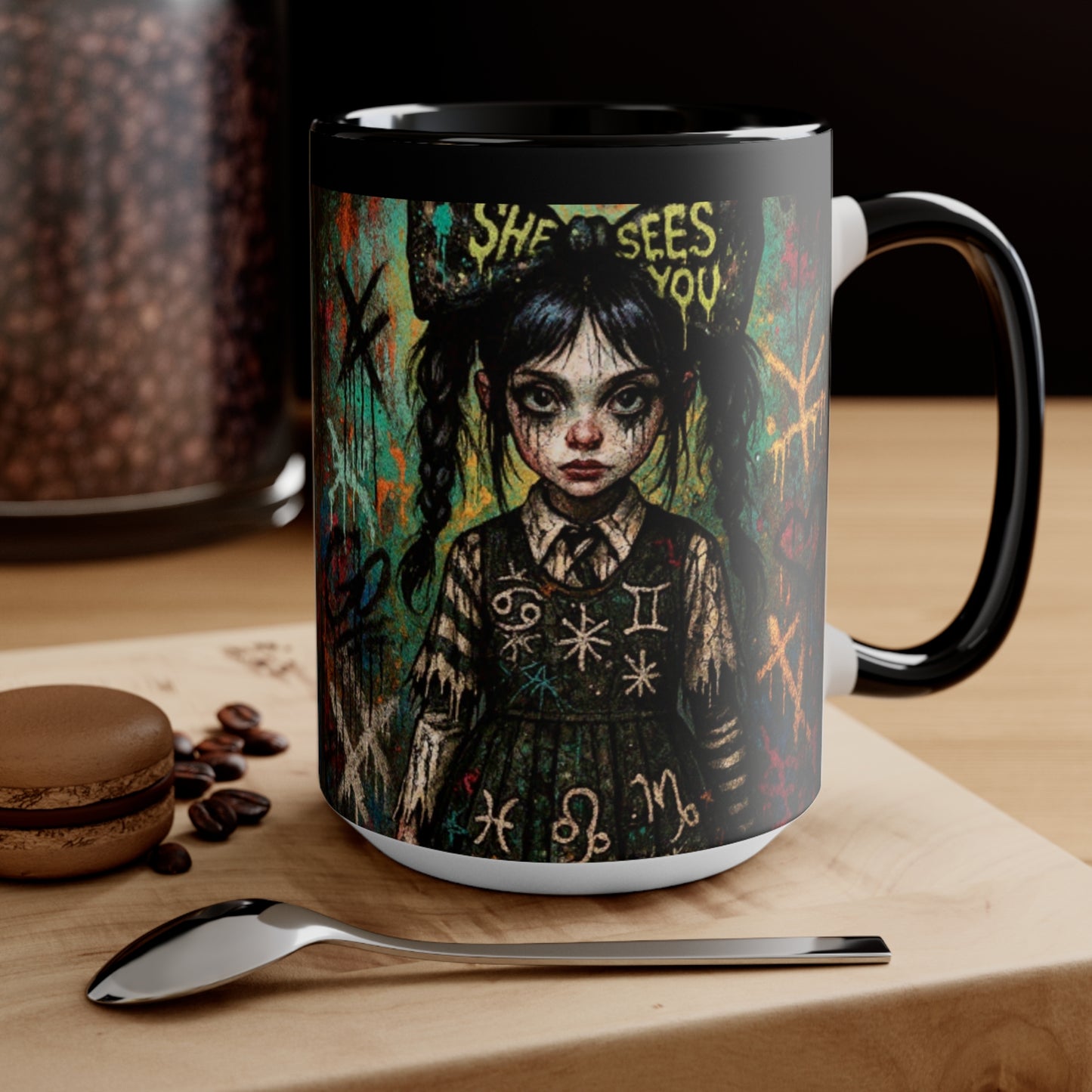 Mysterious Art Accent Mug - 'She Sees You' Design