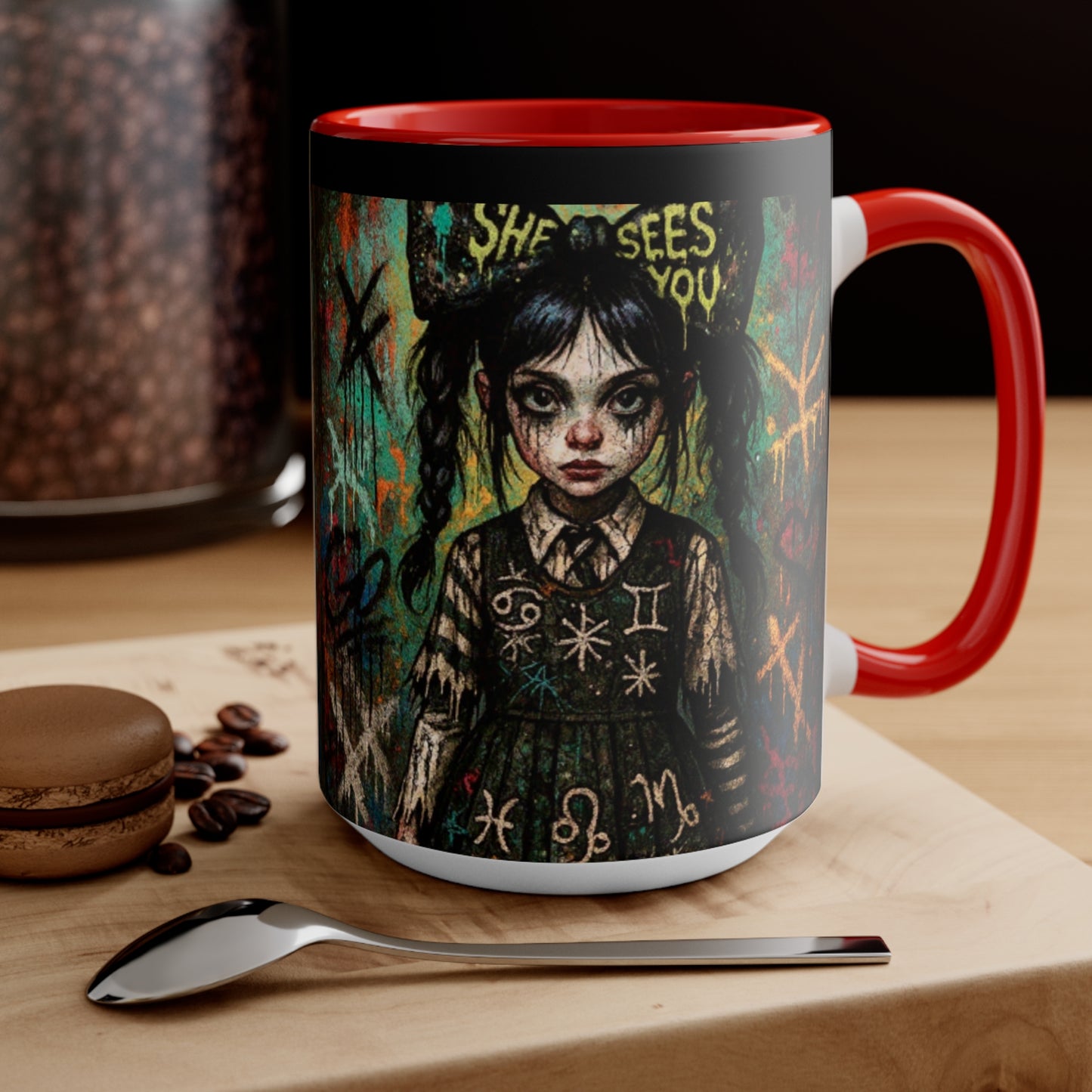 Mysterious Art Accent Mug - 'She Sees You' Design